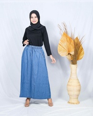 Rok Jeans Wanita Panjang Polos Pinggang Elastis Premium model klok A dewasa standar dan jumbo