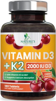 Vitamin D3 K2, Chewable Cherry D3 2000 iu Plus K2 (MK-7) 75 mcg - 2 in 1 Vitamins D & K Complex - Vi