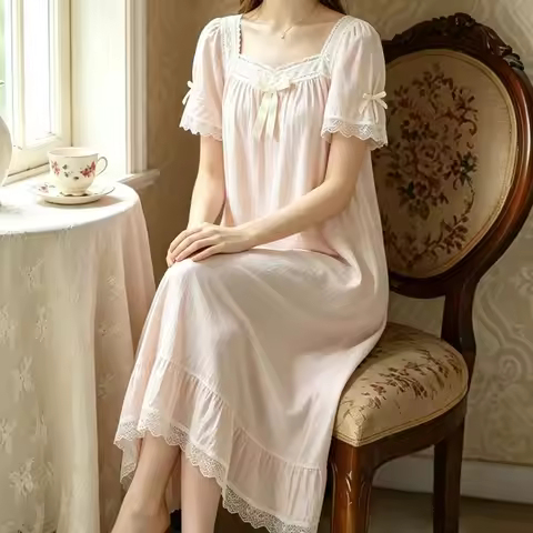 Women Sleeping Gown Sleeveless Ruffles Cotton Nightdress Summer Lace French Vintage Princess Sleepwe
