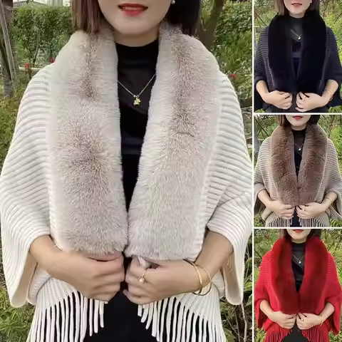 Ladies Knitted Loose Thickened Shawl Autumn Imitation Rabbit Fur Collar Sweater Winter Cardigan Knit