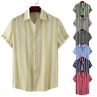 [7 Colors]2023 New Men's Cotton Striped Korean Print Short Sleeve Shirt Lapel Button Shirt Casual Lo
