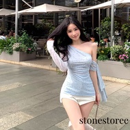 Women's Off-Shoulder Polka Dot Slim Long Sleeve Sexy Undershirt ST