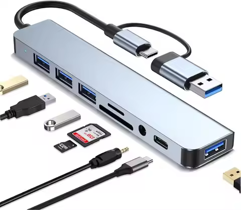 USB C Hub USB Hub 3.0,8 in 2 USB Extender with SD/TF Card Reader,3.5mm Aux Headphone Jack for MacBoo
