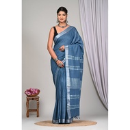 Grey Blue Linen Saree With Silver Border & Blue and white Tassels