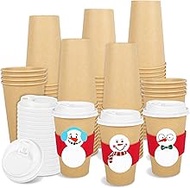 JarThenaAMCS 48 Sets Christmas Coffee Cups with Lids Sleeves 16oz Winter Snowman Kraft Paper Cup Dis