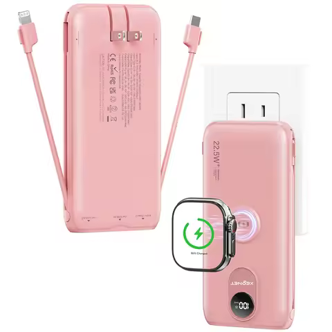 10000mAh Power Bank with AC Wall Plug,22.5W SCP/20W PD Fast Charging,Built-in Cables,Wireless Charge