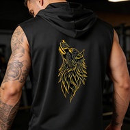 TEMU Golden Wolf Head Wilderness Pattern Back Large Print Men's Fashion Sports Hooded Vest Style Cas