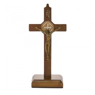 KAYU Teak Wood Catholic Sitting Cross Benedict Gold Corpus Medal 22cm Corpus Cross Wooden Sitting Cr