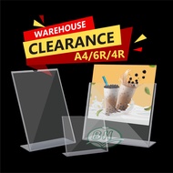 Acrylic L Shape Display Stand A4, 6R, 4R Size, Menu QR Code Paper Transparent Frame Holder