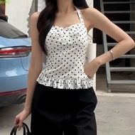 Bucks Y2K Dot Sleeveless Slim-Fit Halter Crop Top - Korean Fashion Ruffle