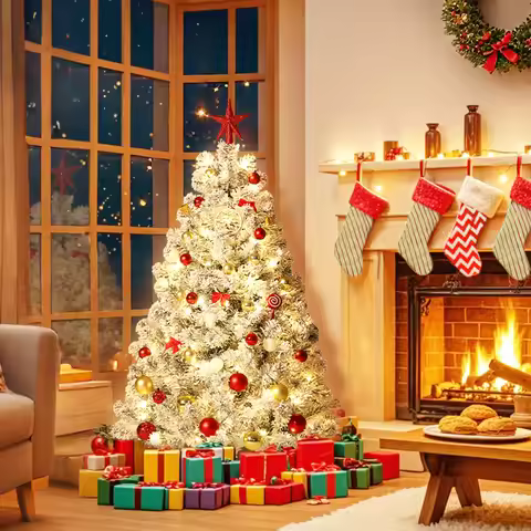 6ft 7ft 9ft Pre-Lit Snow Flocked Christmas Tree, Artificial White Pine Tree with Warm Lights, Foldab