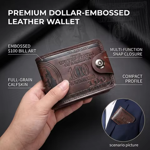 2 colors Men's 100 Dollar Bill Leather Wallet Bifold Design Snap Button Card Holder Cash Pocket Fash