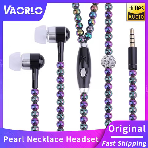 Pearl Necklace Wired Earphones 3.5mm AUX In-Ear Headset With MIC Music For Girls Brithday Gift Pink 