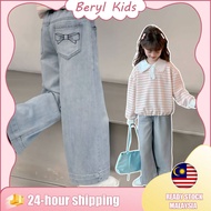 【Beryl Kids】Seluar jeans warna pepejal ringkas kanak-kanak perempuan dengan sulaman busur