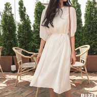 White maxi dress with puff sleeves and lace trim (D1324) (Real photo)