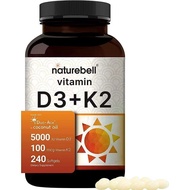 NatureBell Vitamin D3 5000 K2 (MK7) with Virgin Coconut Oil 240 Softgels 100mcg Exp:03/2027