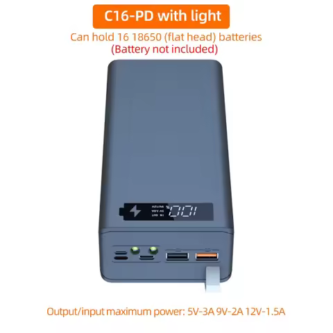 C16 Power Bank Case 16*18650 USB Welding Free Power Bank Case Detachable Portable QC 3.0 PD DIY Shel
