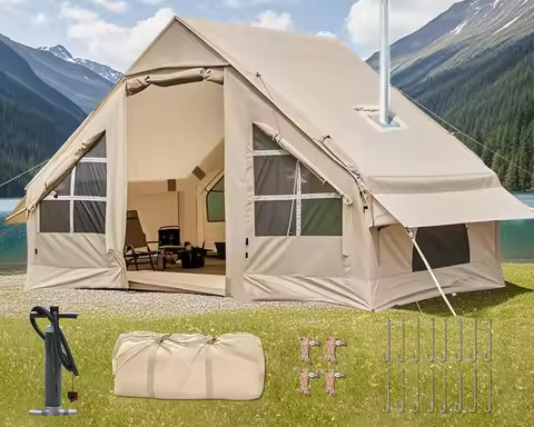 4-6 Person Inflatable Tent - Quick Setup Air Tent with Stove Jack, 420D Oxford (PU2000), 15cm Air Be