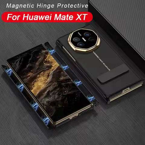 Double Magnetic Hinge All-included Case For Huawei Mate XT Luxury Plating Plain Leather Stand Hard C