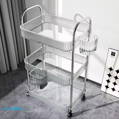 【N】Multi-Tier Transparent Storage Shelf With Wheels Premium Trolley Shelf Convenient 3-Tier Spa Trol