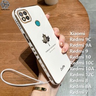 YuPin Xiaomi Redmi ฝาครอบสี่เหลี่ยม9C/9 / 9A / 9T / 10 / 10C / 10A / 12C / 8 / 8A/7เคสโทรศัพท์แฟชั่นใบเมเปิลเคลือบอิเล็คโทรเพลทหรูหรา TPU + เชือกเส้นเล็ก