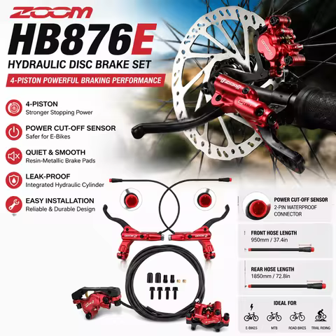 ZOOM HB876E Hydraulic Disc Brake Set, 4-Piston E-Bike Brake Kit with Power Cut-Off Sensor, High-Perf