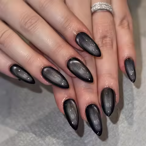 24Pcs Almond Fake Nails Gray Color Cat's Eyes Press On Nails Glossy Full Cover Acrylic False Nails P