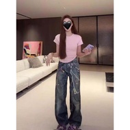 Quần Jeans Ống Rộng 3D I Illusion Print Candy Chain Design Thời Trang Nữ Quần Jeans Denim Ống Thẳng 