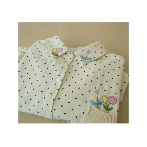 Sweet Polka Dots Pattern Knitted Pocket Flowers Embroidery Long Sleeve Shirt Blouse Female 2024 Autu