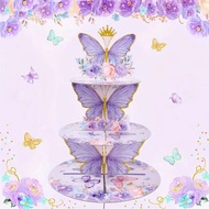 Buttleply 3 Tier Cupcake Stand Purple Butterfly Cupcake Stand Decoration - 3-Tier Butterfly Floral C