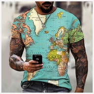Men's Short Sleeve T-shirt with Round Neck and 3D Graphic World Map Print - Stylish for Summer