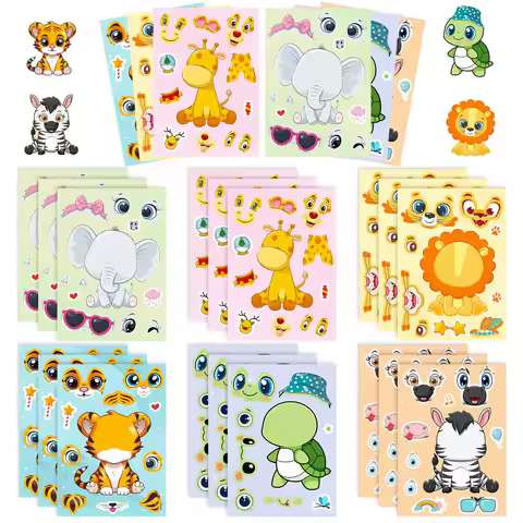 6Sheets Cute Children DIY Puzzle Sticker Games 6 Animals Make A Face Funny Assemble Jigsaw Stickers 