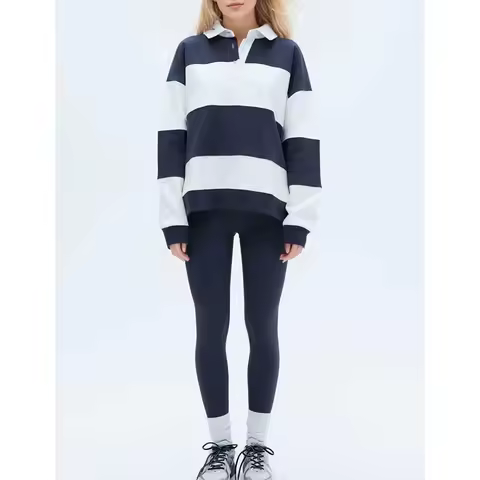 Womens Button Lapel Collared Oversized Sweatshirts Long Sleeve Y2k Striped Contrast Color Loose Pull