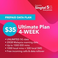 SingTel $35 Ultimate 5G unlimited data plan (included20GB Malaysia Roaming) mobile phone prepaid card online Topup