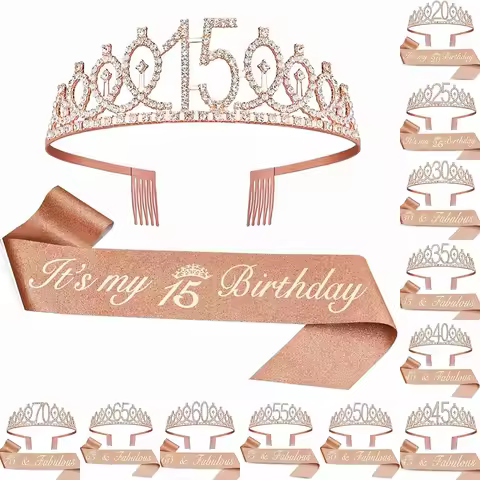 Birthday Tiara Crown Sash Women Girls 15th 20th 25th 30th 35th 40th 45th 50th 55th 60th 65th 70th Pa