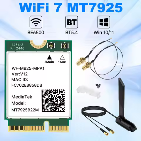 WiFi 7 MT7925 Network Card BT5.4 6500Mbps 802.11BE With External Antenna M.2 Key E Ethernet WiFi Ada