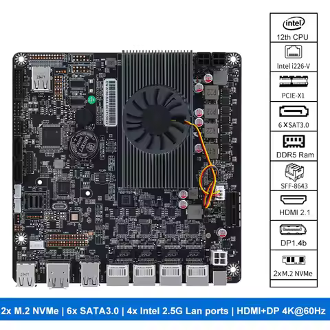 SZBOX 12th N100 NAS Motherboard 2xM.2 NVMe 4x I226-V 6*SATA 3.0 DDR5 Mini ITX Router Mainboard PCIex