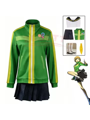 Anime Chie Satonaka Cosplay Costume JK Sport Uniform Costume Green Yellow Striped Zip-Up Track Jacke
