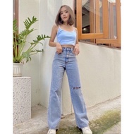 Ripped Jenas WANITA TheGirlHouse - HIGHWAIST CELANA CULOT LOOSE JEANS WOMEN'S TORN KNEE