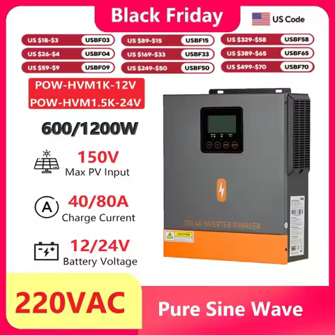 PowMr 1KW 12V Hybrid Solar Inverter 1.5KW 24V Off Grid Pure Sine Wave Inverter with MPPT 80A Solar C