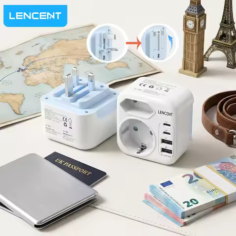LENCENT EU to UK Foldable Travel Adapter with 2AC+2USB-A+2 Type C Socket Adapter England Travel Plug