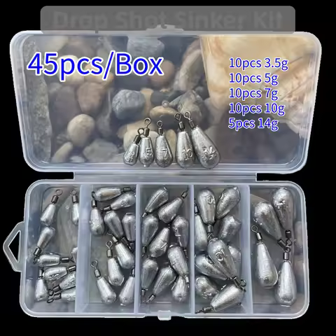45PCS/Box Drop Shot Fishing Weight Sinker 3.5g 5g 7g 10g 14g Tube Bullet Plumb Pendant Metal Jig Sea