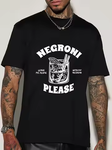 Cocktail Lover Mens Crew Neck Cotton T Shirt Negroni Please Glass Sketch Print Short Sleeve Bar Part
