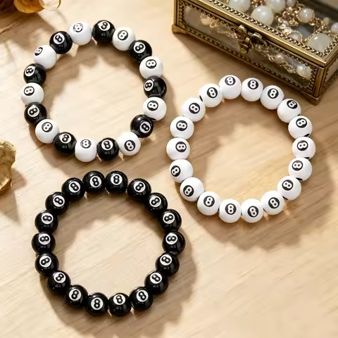 Fashion Black White Number 8 Billiard Ball Bracelet Unisex Acrylic Stretch Pool Ball Beaded Bangle f