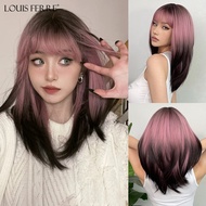 Louis Ferre วิกผมสังเคราะห์สีดำสีชมพู Ombre สำหรับคอสเพลย์วิกผมยาวตรงหน้าม้าสำหรับผู้หญิงผมปลอมทนควา