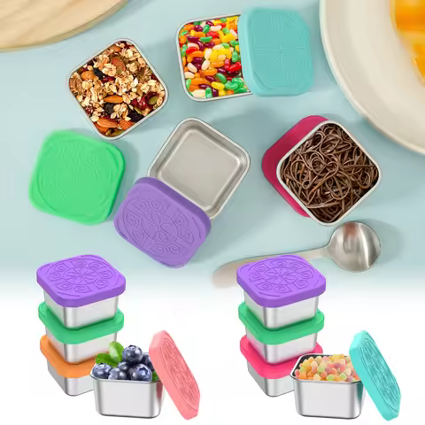 4Pcs 6oz Snack Container Stainless Steel Snack Container Sauce Box with Silicone Lids Leakproof Stac