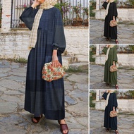 ZANZEA Women Long Sleeve Plaid Printed Casual Muslim Long Dress