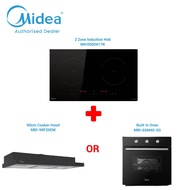 Midea 2 Zone Induction Hob MIH350D017K + 90cm Cooker Hood MBI-90F26EM / Built In Oven MBI-65M40-SG