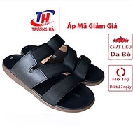 Dép nam quai chéo Trường Hải quai dù phối da bò đế cao 2.5cm màu đen QC200
