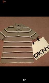 DKNY 經典灰白 條紋Logo繡 短袖POLO